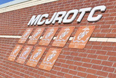 Nine Naval Honor plaques show the success of the MCJROTC program. Recently, they were recognized in this prestigious status again, completing a 10-year streak. (Photo Jack Egan)
